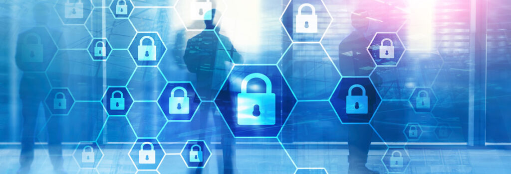 blue image of three people standing in front of locks 303 Networks