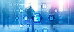 blue image of three people standing in front of locks 303 Networks